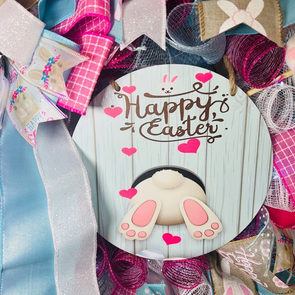 Handmade Spring Happy Easter Bunny Bum Prelit Ribbon Wreath 22 in LED W23